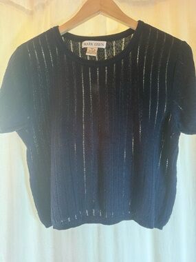 Mark Eisen Cropped Navy Short-Sleeve Crewneck Sweater